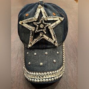 Adjustable distressed rhinestone “Star” embellished denim baseball hat / cap